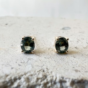 14K Solid White or Yellow Gold / 18K Solid White Gold Genuine Green Sapphire Oval Studs/Pair