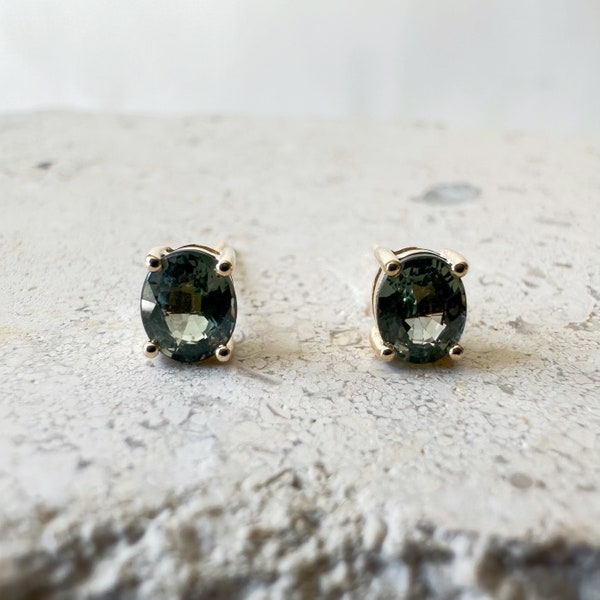 14K Solid Gold Genuine Green Sapphire Oval Studs/Pair