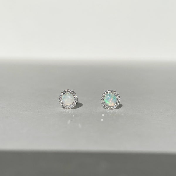 14K Solid Gold Opal and Diamond Studs