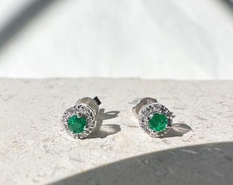 14K Solid Gold Genuine Emerald and Diamond Round Studs/Pair