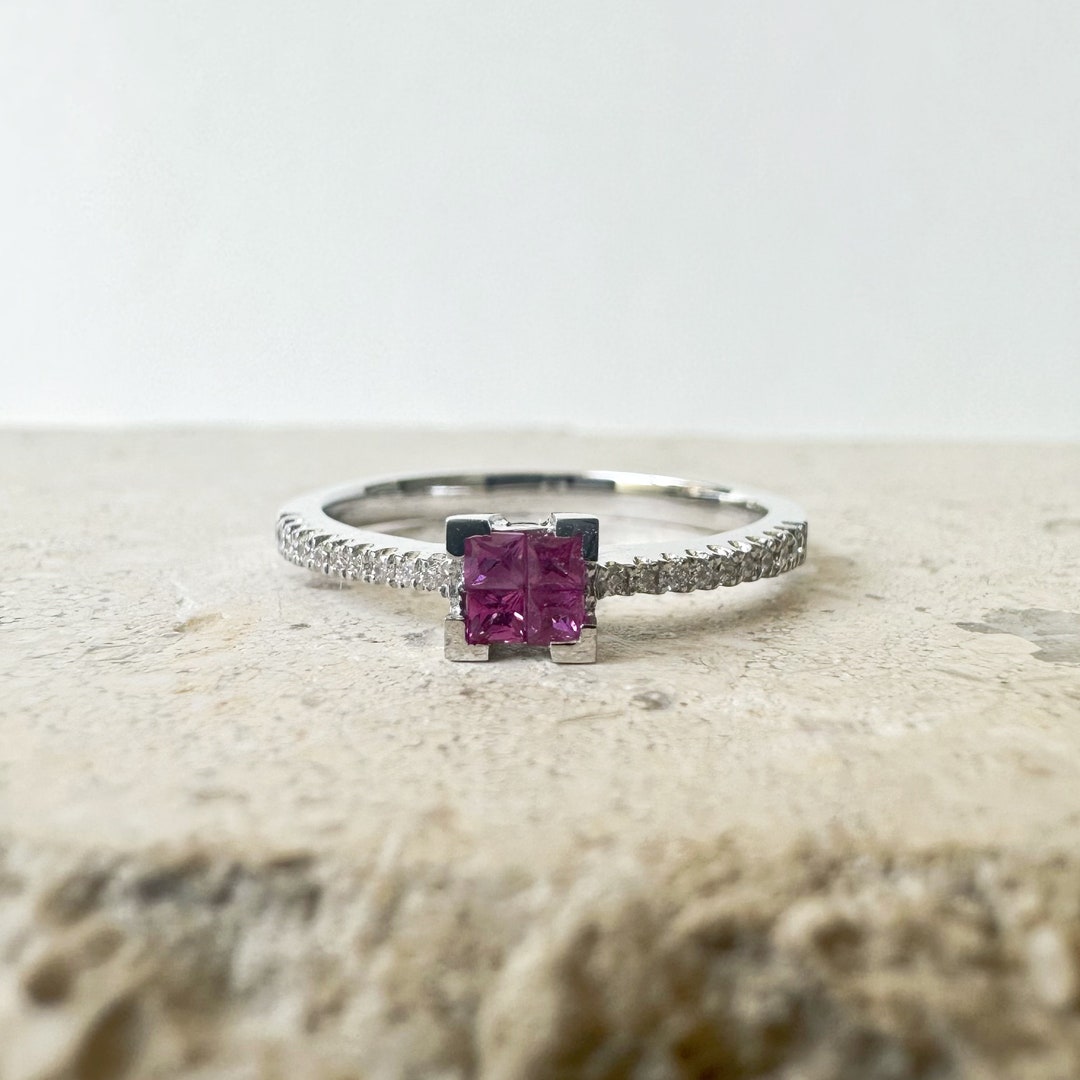 14K Solid White Gold Genuine Ruby Square Ring - Etsy