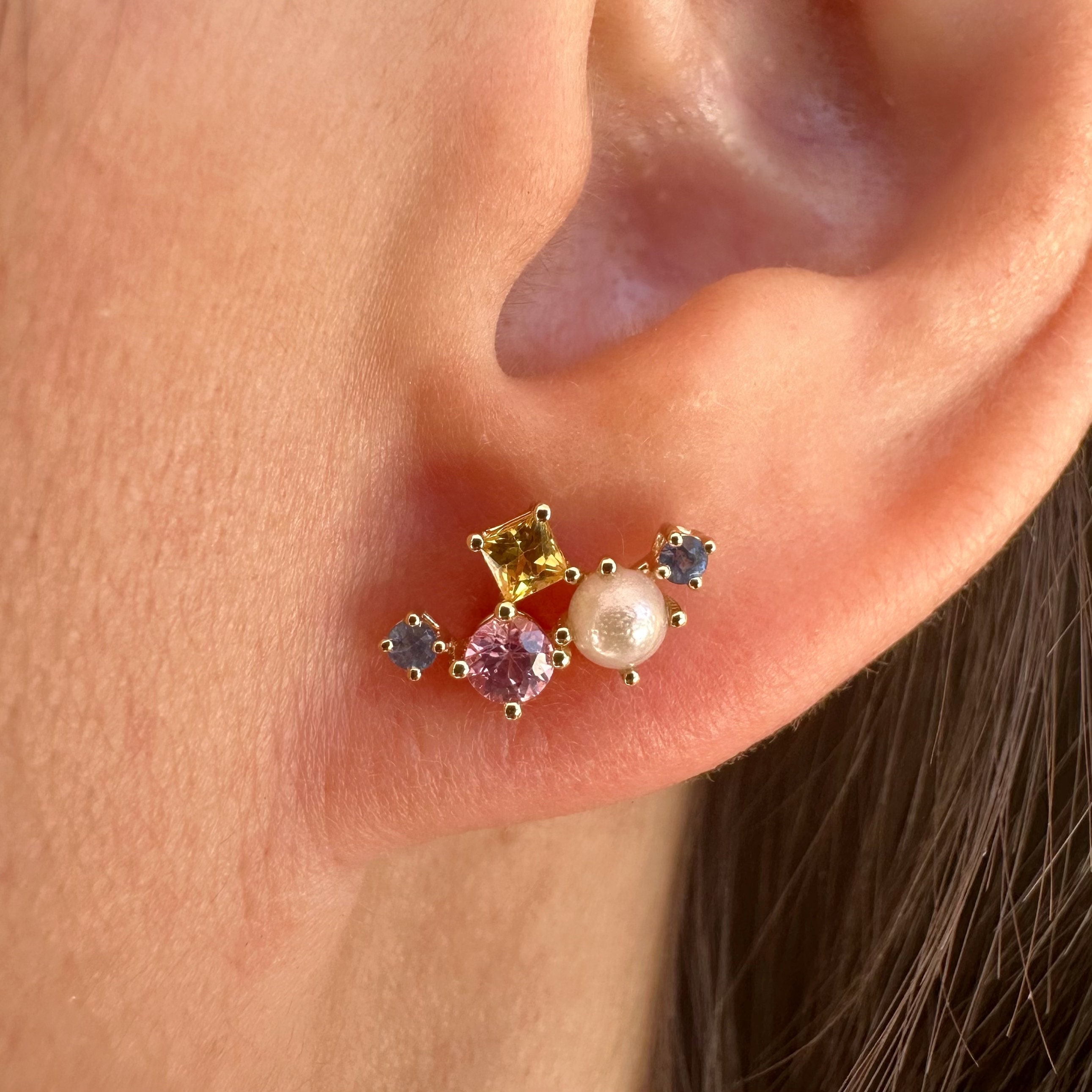 14K Solid Gold Genuine Color Sapphire and Pearl Cluster Earrings/pair ...