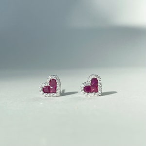 14K Solid Gold Diamond and Ruby Heart Studs