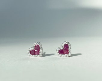 14K Solid Gold Diamond and Ruby Heart Studs
