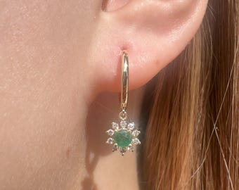 14K Solid Gold Genuine Dangle Diamond and Emerald Sun Hoops