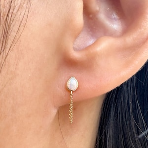 14K Solid Gold Genuine Teardrop Opal Chain Earrings/Pair
