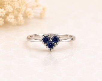 14K White Gold Natural Sapphire Heart Ring | Genuine Sapphire Ring | Dainty Promise Ring | September Birthstone Gift