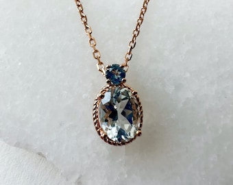 18K Solid Rose Gold Aquamarine and Blue Topaz Necklace