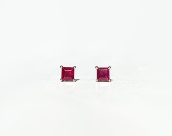 14K Solid Gold Genuine Ruby Square Studs