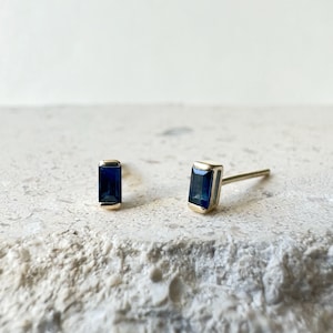 14K Solid Gold Genuine Sapphire Baguette Studs/Pair
