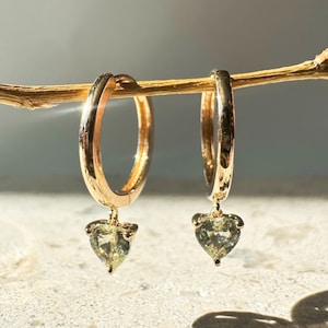 14K Solid Gold Genuine Green Sapphire Heart Huggies/Hoops/Pair