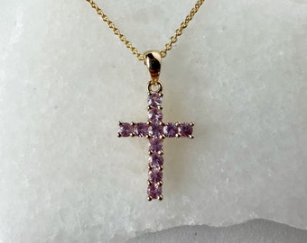 14K Solid Gold Genuine Pink Sapphire Cross Pendant