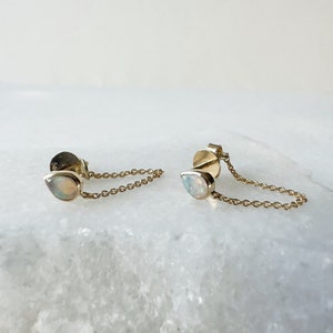 14K Solid Gold Genuine Teardrop Opal Chain Earrings/Pair image 2