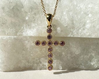 14K Solid Gold Genuine Pink Sapphire Cross Pendant