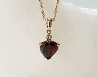 14K Solid Gold Heart Shaped Genuine Garnet and Diamond Pendant