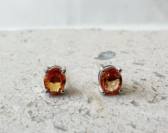 14K Solid Gold Genuine Orange Sapphire Oval Earring/Studs/Pair