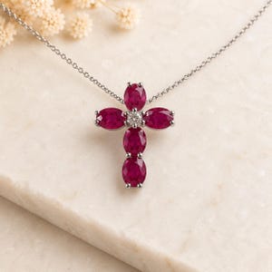 18K Solid White Gold Genuine Ruby Diamond Cross Pendant | July Birthstone Pendant | Natural Ruby (PENDANT ONLY)
