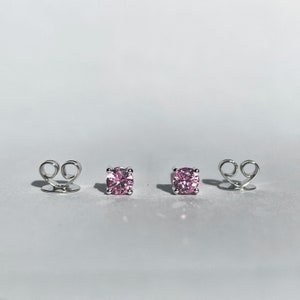 May include: A pair of stud earrings featuring round-cut pink stones set in four-prong silver-toned metal settings, accompanied by two matching silver-toned metal butterfly-style earring backs positioned separately on either side of the studs.
