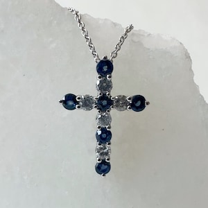 14K Solid Gold Genuine Sapphire and Diamond Cross Pendant