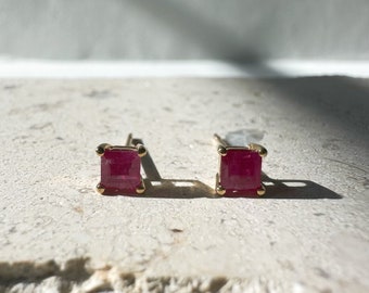 14K Solid Gold Genuine 4mm Ruby Square Studs/Pair