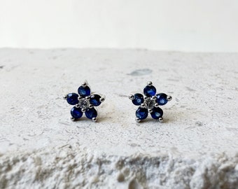 14K Solid Gold Genuine Sapphire and Diamond Flower Studs/Pair