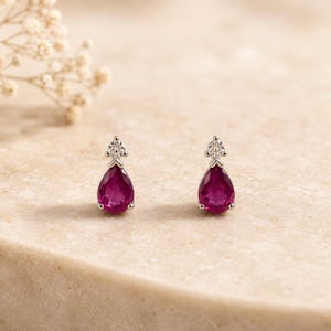 Natural Pear Ruby Stud Earrings 14K Gold | Teardrop Ruby Diamond Studs | July Birthstone Fine Jewelry | Gift for Her