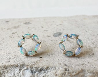 14K Solid Gold Genuine Opal Circle Studs/Pair