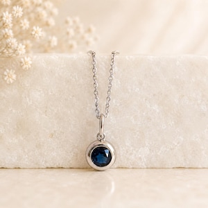 Natural Sapphire Necklace 14k Gold, Round Sapphire Bezel Pendant, September Birthstone Gift, Genuine Gemstone