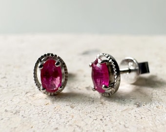 14K Solid White Gold Genuine Oval Ruby Fancy Studs/Pair