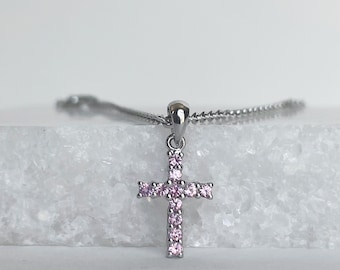 14K Solid Gold Genuine Pink Sapphire Cross Pendant (pendant only)