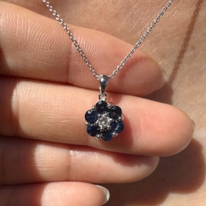 14K Solid Gold Genuine Sapphire and Diamond Flower Pendant image 6