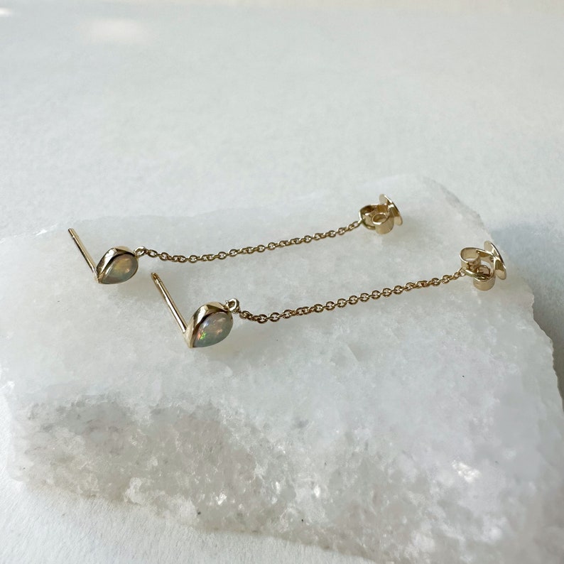 14K Solid Gold Genuine Teardrop Opal Chain Earrings/Pair image 3