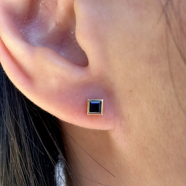 14K Solid Gold Genuine Sapphire Square Bezel Studs/Pair