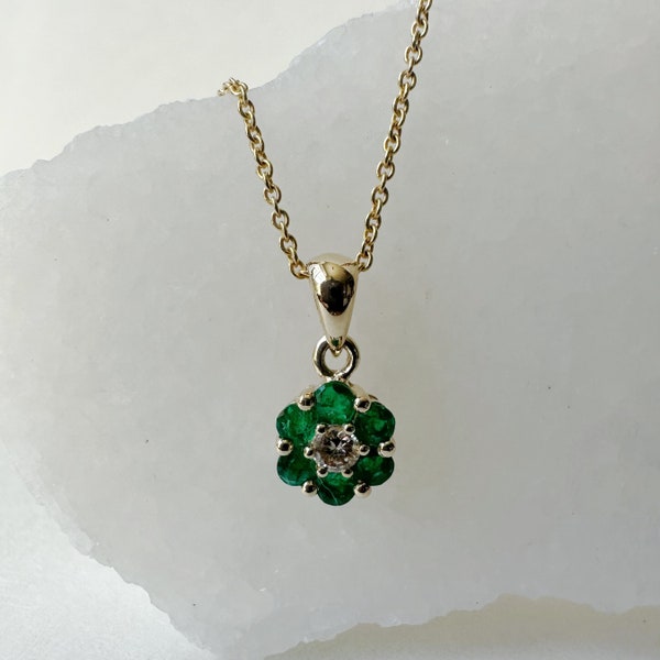 14K Solid Gold Genuine Emerald and Diamond Flower Pendant