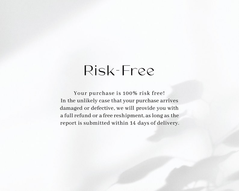 May include: Text on a white background with shadows of leaves. The text reads: "Risk-Free. Your purchase is 100% risk free! In the unlikely case that your purchase arrives damaged or defective, we will provide you with a full refund or a free reshipment, as long as the report is submitted within 14 days of delivery."
