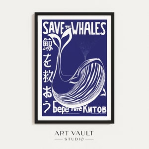 Vintage Japanese Save the Whales Poster Ultramarine Blue Exhibition Wall Art Print Environmental Art Ad Japanese Art Print Blue Whale Poster