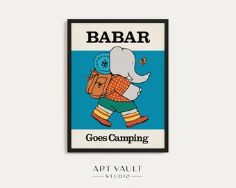 Babar Illustration Babar Print Baby Shower Babar Camping Kid's Room Babar the Elephant Wall Art Nursery Decor Babar Goes Camping Art Kids
