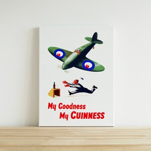 K&ouml;nnte beinhalten: Ein Vintage-Poster f&uuml;r Guinness-Bier. Das Poster zeigt ein gr&uuml;nes und wei&szlig;es Flugzeug, das &uuml;ber einen Mann fliegt, der mit einer Flasche Guinness rennt. Der Text auf dem Poster lautet "My Goodness My GUINNESS".