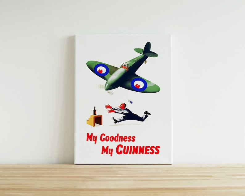 K&ouml;nnte beinhalten: Ein Vintage-Poster f&uuml;r Guinness-Bier. Das Poster zeigt ein gr&uuml;nes und wei&szlig;es Flugzeug, das &uuml;ber einen Mann fliegt, der mit einer Flasche Guinness rennt. Der Text auf dem Poster lautet "My Goodness My GUINNESS".