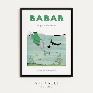 Babar Dives in Sea Babar Rescue Babar Alligator Crocodile Illustration Babar Baby Art Nursery Wall Art Baby Room Art Babar Elephant Poster