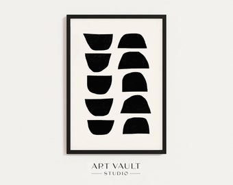 Puede incluir: Impresión de arte abstracto en blanco y negro con un diseño geométrico de círculos y semicírculos superpuestos. La impresión está enmarcada en un marco negro.