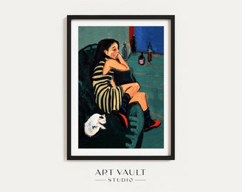 Ernst Ludwig Kirchner Marzella Artistin Female Artist Marzella Marcella with cat Kirchner Living Room Art Sofa Print Moody Vintage Wall Art