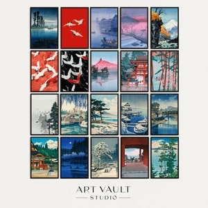 May include: A collection of 16 framed prints featuring Japanese-inspired artwork. The prints depict scenes of nature, architecture, and traditional Japanese culture. The prints are arranged in a grid pattern and are all framed in black.