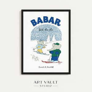 Babar Fait du Ski Babar Ski Illustration Babar Skiing Print Baby Shower Gift Babar Winter Art Kid's Room Babar Snow Wall Art Nursery Decor