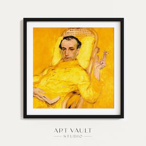 May include: A painting of a man in a yellow robe sitting in a wicker chair. The background is a solid yellow color.