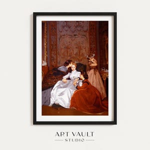 May include: A painting depicting four women in a richly decorated room. The women are dressed in elegant clothing, with one woman in a white dress and the others in red and brown dresses. The room features ornate furniture and a patterned rug.