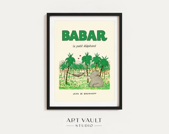 Babar the Elephant Wall Art Nursery Decor Kids Gift Retro Babar Illustration Print Baby Shower Gift Gender Neutral Vintage Green Wall Art