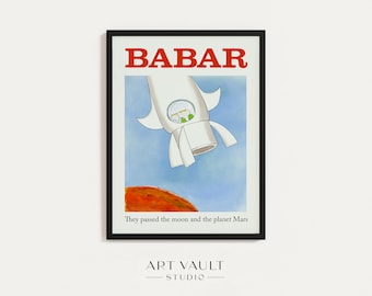 Babar Illustration Babar Print Baby Shower Gift Babar Spaceship Kid's Room Babar the Elephant Wall Art Nursery Decor Babar Art Kids Wall Art
