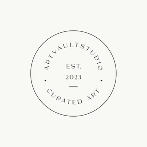May include: Black and white logo with the text "Art Vault Studio" in a circle. The text "EST. 2023" and "Curated Art" are also included in the logo.