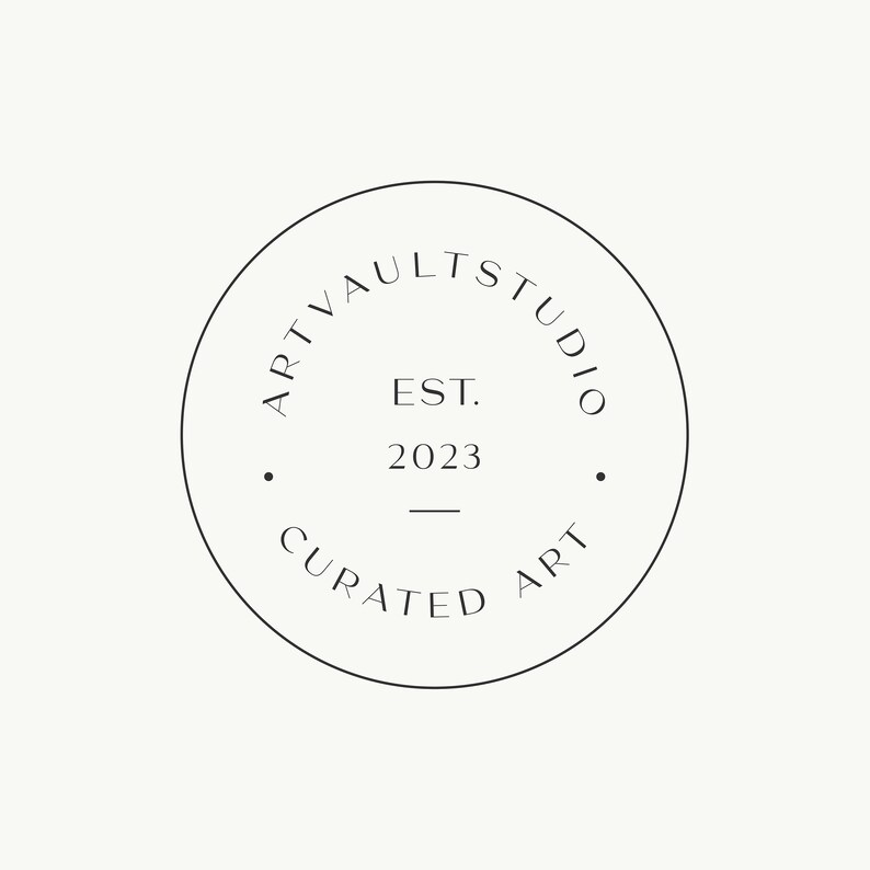 May include: Black and white logo with the text "Art Vault Studio" in a circle. The text "EST. 2023" and "Curated Art" are also included in the logo.
